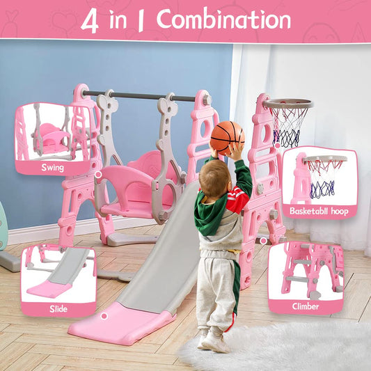 FUKEA Baby Swing Slide, 4-in-1 Toddler Slide and Swing Set with Basketball Hoop, Garden Climbing Frame, Outdoor Indoor Large Slide Swing for Toddlers Age 1-3, Kids Gift (Pink)