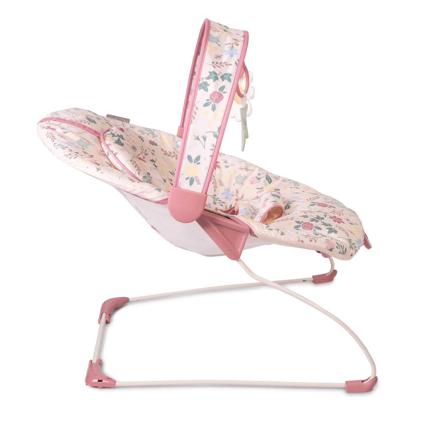 Red Kite Cozy Bounce musical baby bouncer in rose and ivy colors with soft fabric and adjustable straps.