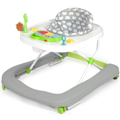 Hadibio baby walker in grey with music, lights, foldable design, adjustable height, removable play tray, and push along feature for 6+ months