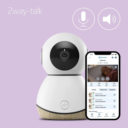 Maxi-Cosi See baby monitor with camera, 1080p HD video, WiFi streaming, and audio for live baby monitoring.