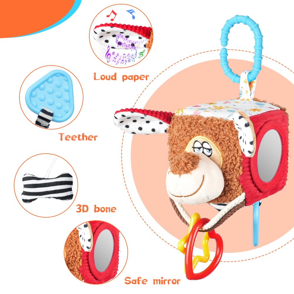 Aolso clip-on puppy sensory baby toy hanging from a stroller, colorful musical toy for newborn development and early education.