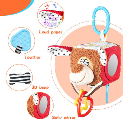 Aolso clip-on puppy sensory baby toy hanging from a stroller, colorful musical toy for newborn development and early education.