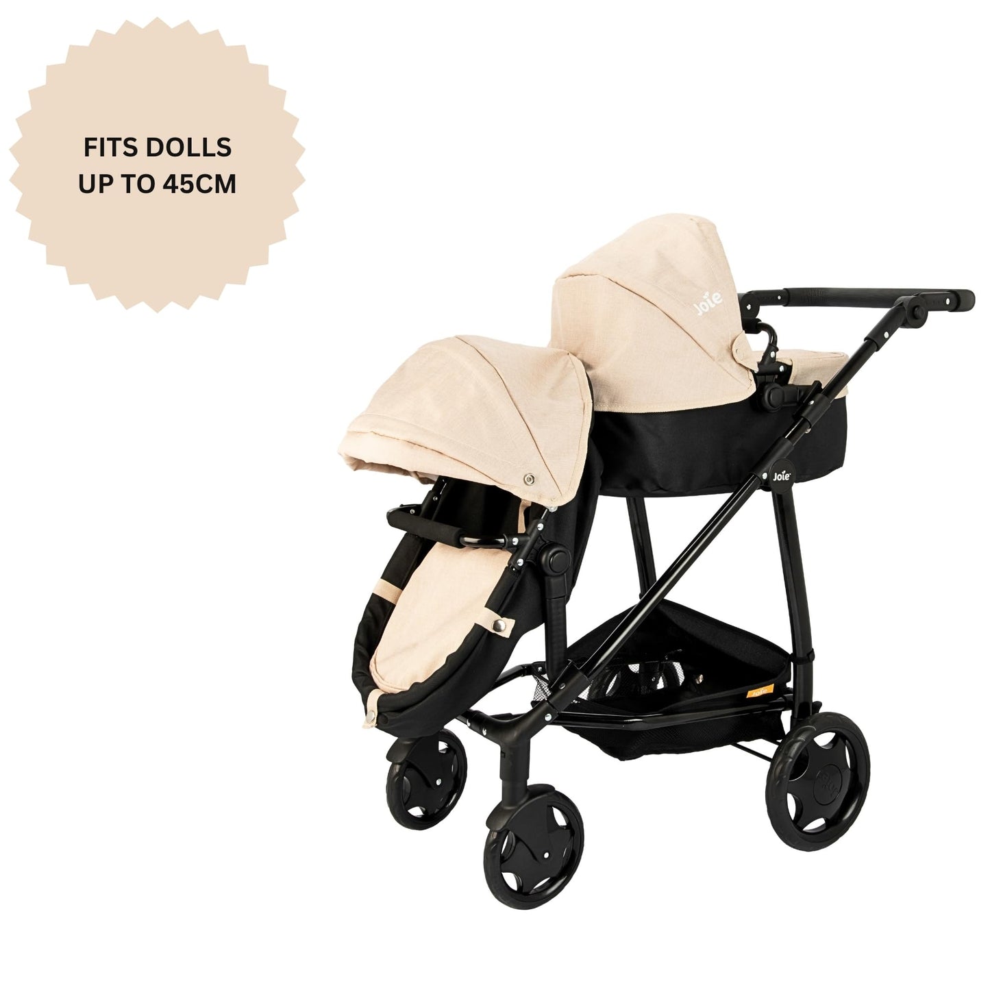 Joie Junior Evalite Twin Pushchair | Stone & Black Double Pushchair | Double Dolls Pram with Adjustable Height Handle And Multiple Seat Options | Suitable For Ages 3+