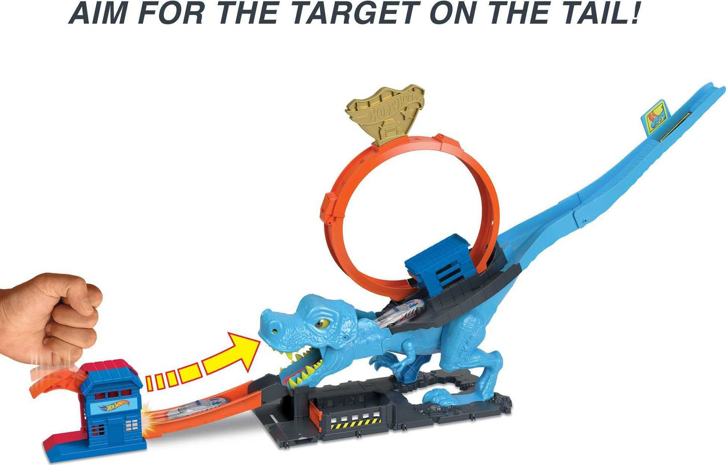 Hot Wheels City Racetrack featuring T-Rex Chomp Down with a giant loop and included 1:64 scale toy car for kids.