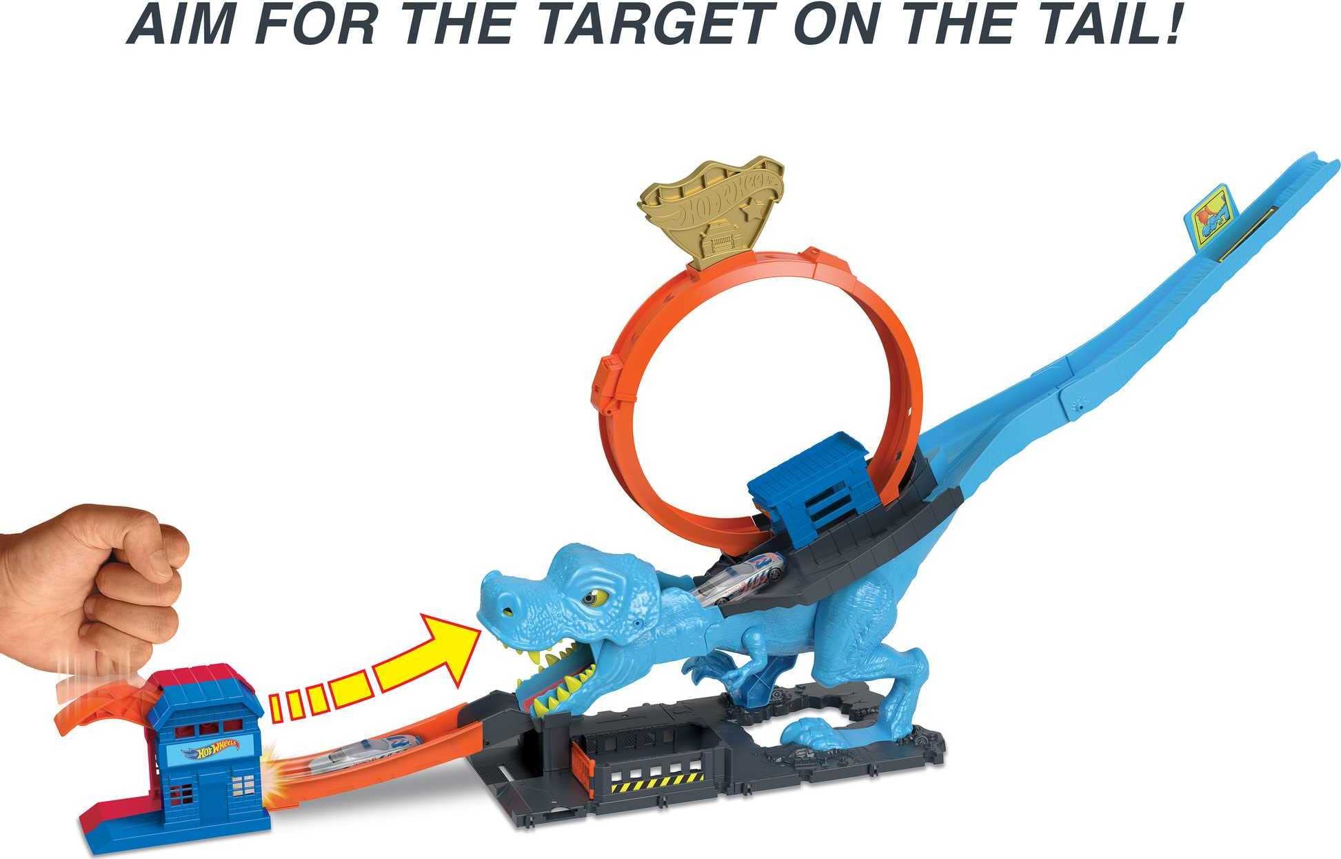 Hot Wheels City Racetrack featuring T-Rex Chomp Down with a giant loop and included 1:64 scale toy car for kids.