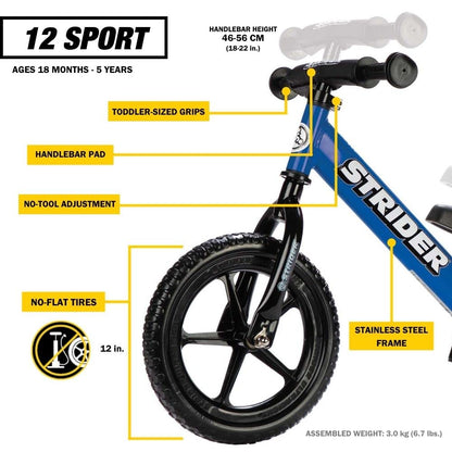 Strider 12” Sport Bike, Blue - No Pedal Balance Bicycle for Kids 18 Months to 5 Years - Includes Safety Pad, Padded Seat, Mini Grips & Flat-Free Tires - Tool-Free Assembly & Adjustments