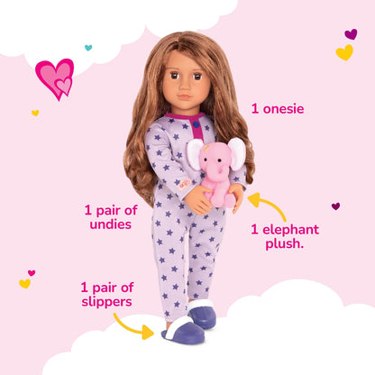 Our Generation Maria fashion doll in pink pyjama onesie holding an elephant plush toy, with poseable limbs and detailed features.