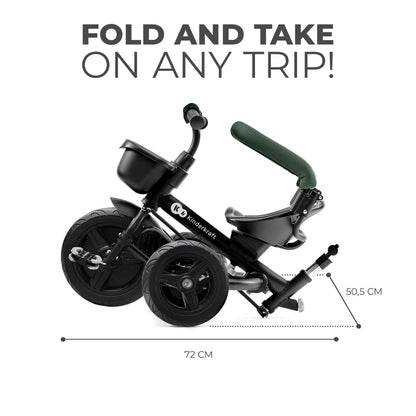 Kinderkraft AVEO Trike from 9 Months to 5 Year, Tricycle with adjustable parent handle, Trike for baby kids toddler, Foldable, Free Wheel Function, Protection from Sun, Cupholder, Toy basket, Green