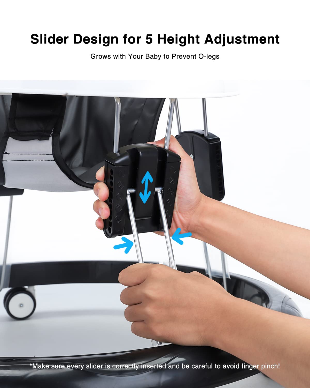 UBRAVOO adjustable baby walker with black PU seat, universal wheels, height adjustment, foldable design for 6-18 months.