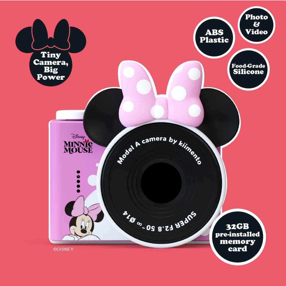 kiimento Mini Kids Digital Camera & Video Camcorder for Ages 3–5 with Selfie Lens, 32GB Memory Card, Handmade Strap – Model A (Minnie Mouse)