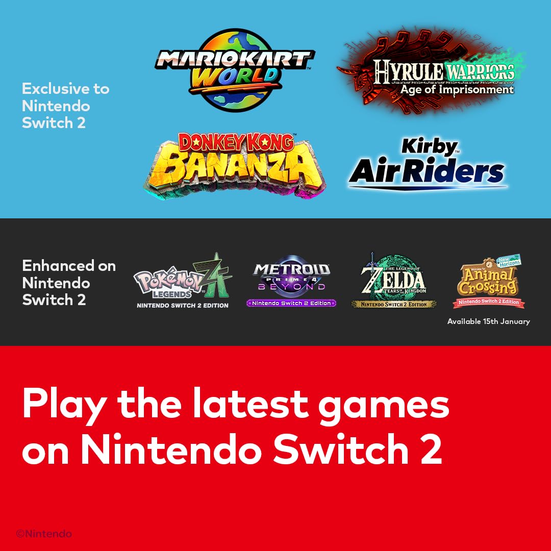 Nintendo Switch 2 console with vibrant screen and sleek design, featuring Joy-Con controllers attached on either side.