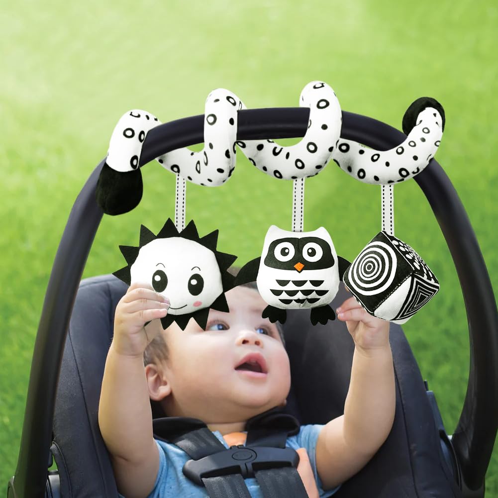Aolso spiral owl hanging toy with black and white patterns, ringing bell, for car seat and crib sensory activity and early education.