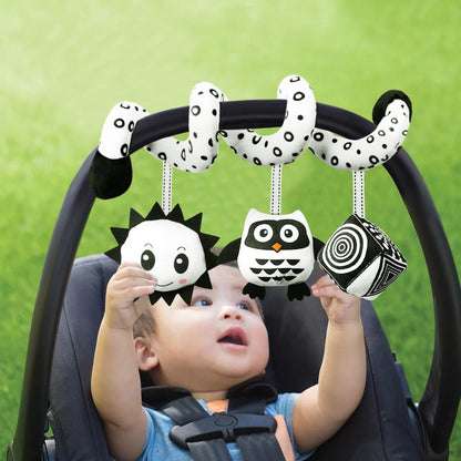 Aolso spiral owl hanging toy with black and white patterns, ringing bell, for car seat and crib sensory activity and early education.
