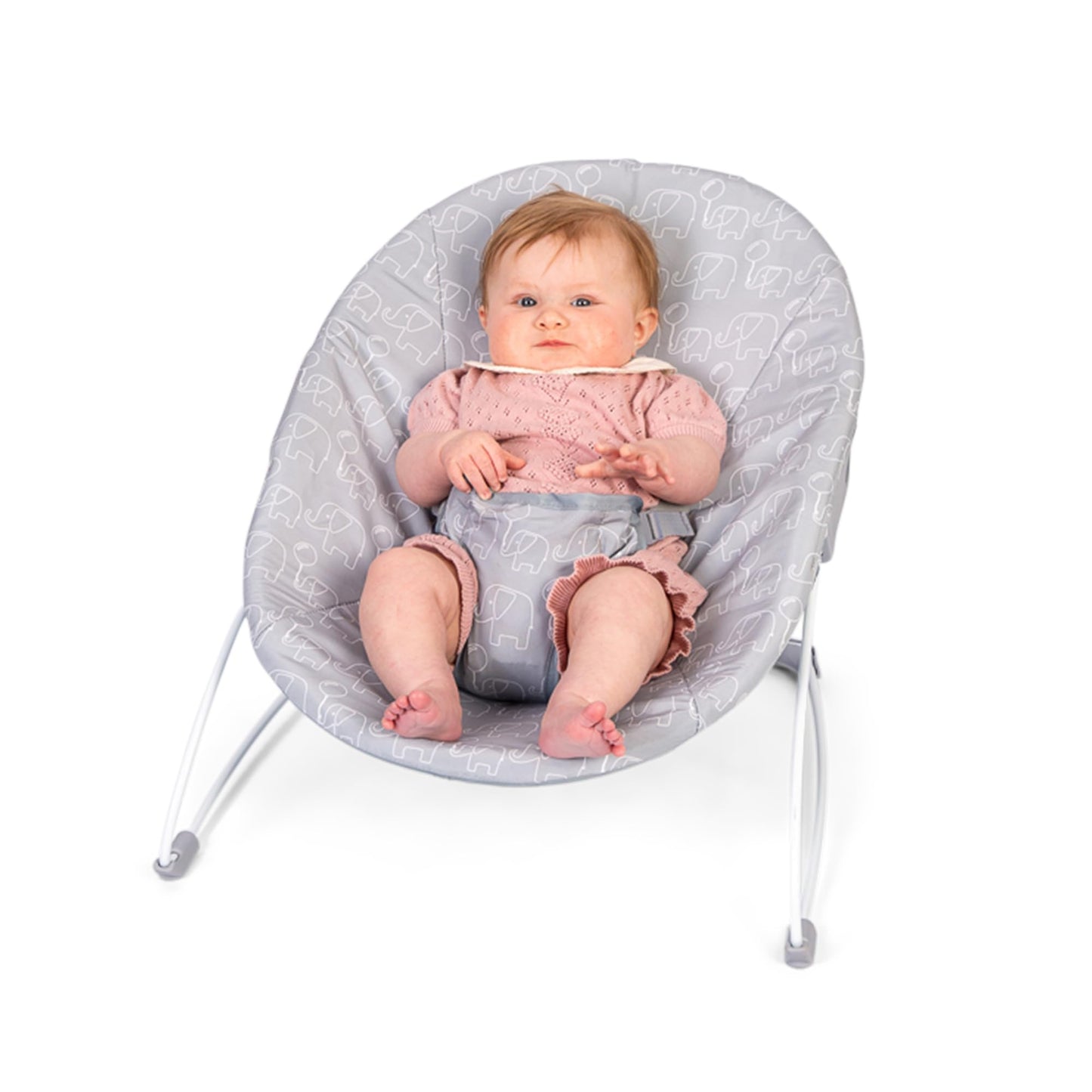 Red Kite Bambino Bouncer in grey fabric with a supportive seat and safety harness for soothing and relaxing baby comfort.