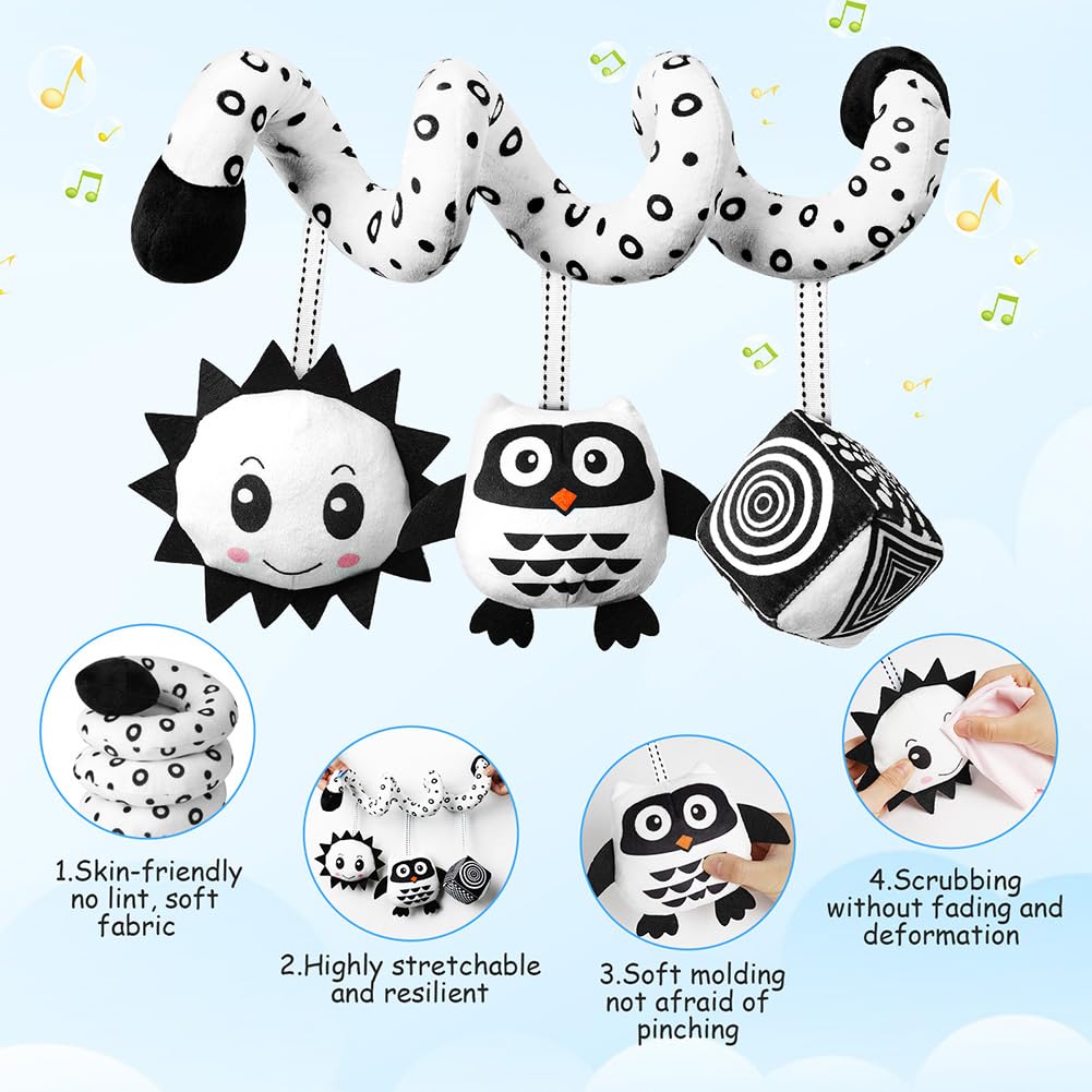 Aolso spiral owl hanging toy with black and white design and ringing bell, suitable for car seats and cribs for sensory play.