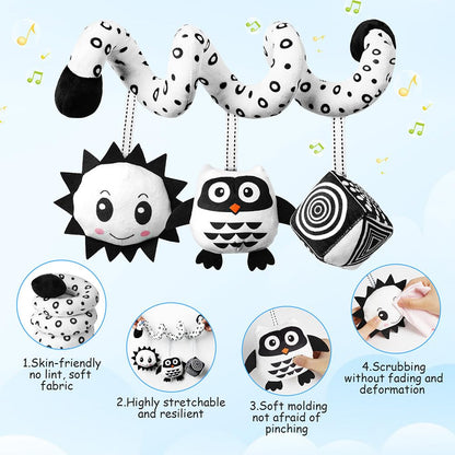 Aolso spiral owl hanging toy with black and white design and ringing bell, suitable for car seats and cribs for sensory play.
