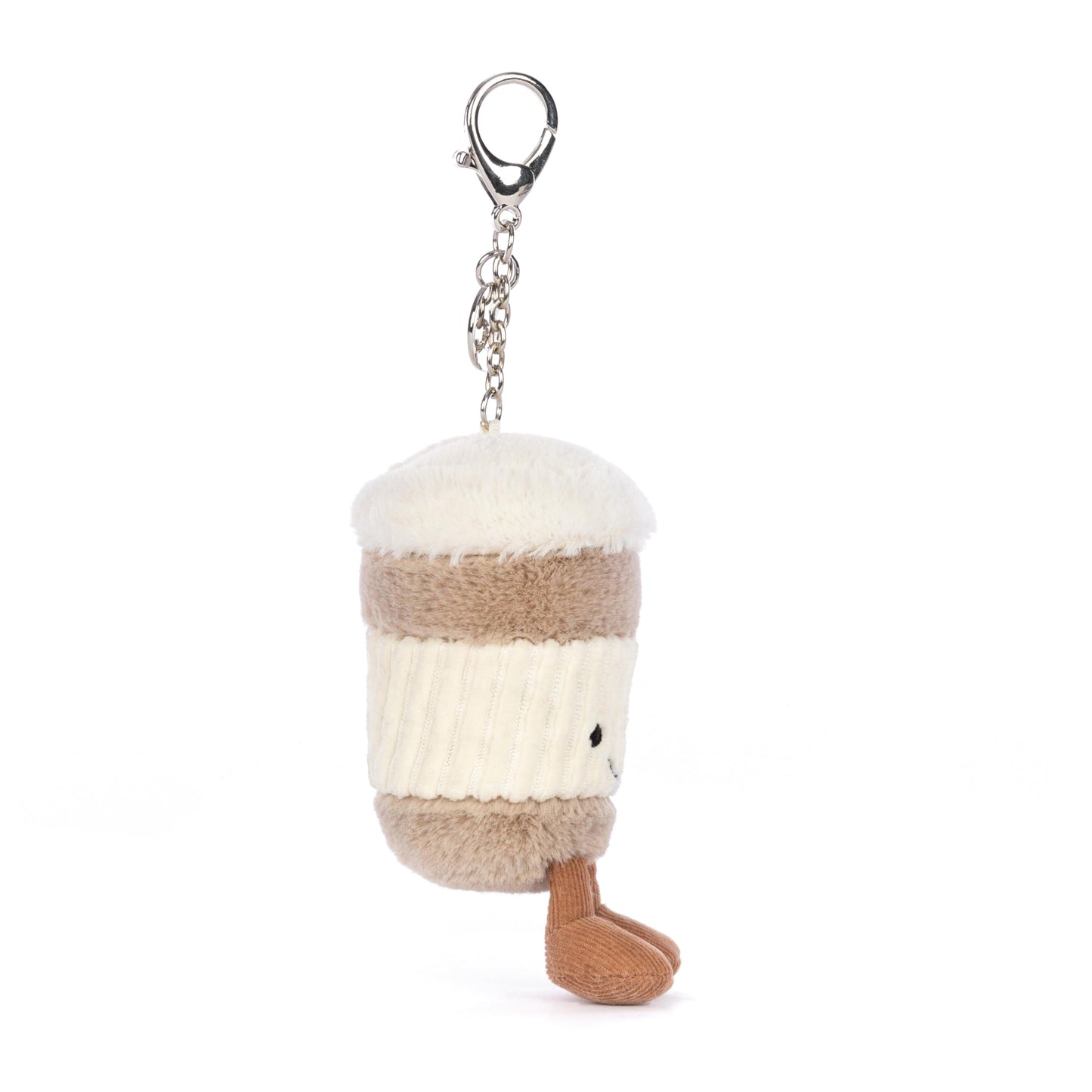 Jellycat Amuseables Coffee-To-Go bag charm plush keychain, 4.5 inches, featuring a cute coffee cup design.