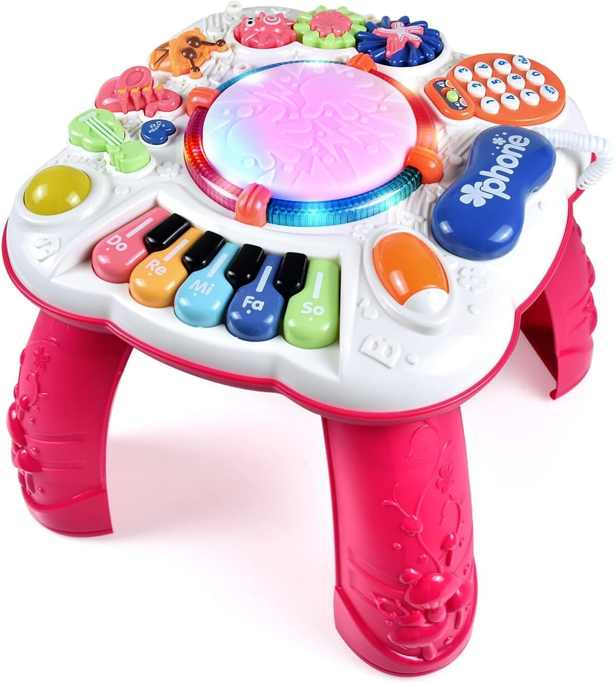 Cemirk baby activity table in red, featuring musical toys for infants and toddlers aged 6 months to 3 years.