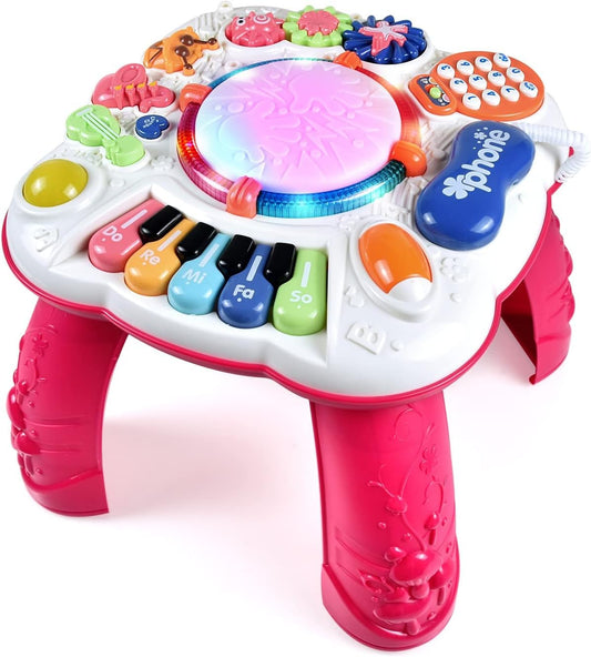 Cemirk baby activity table in red, featuring musical toys for infants and toddlers aged 6 months to 3 years.