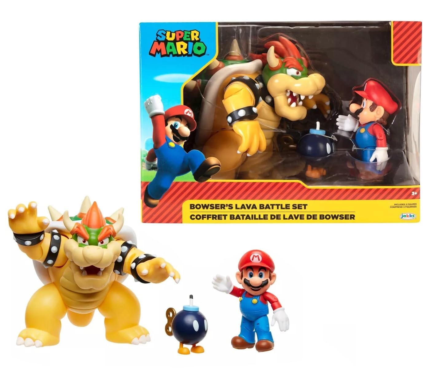 Nintendo Mario vs. Bowser Lava Battle playset with articulated Mario, Bowser, and Bom-Omb figures, 7-inch size for kids aged 3+.