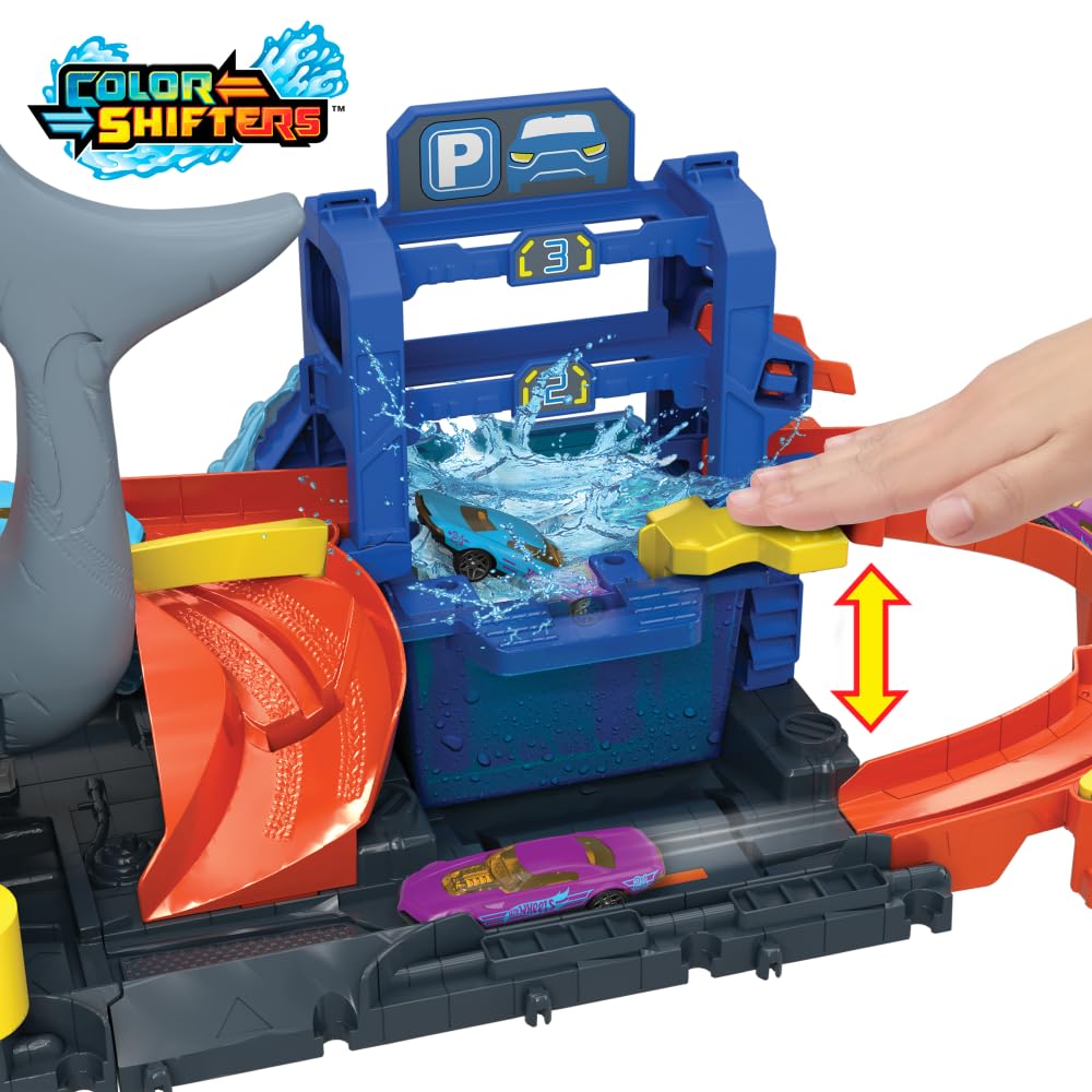 Hot Wheels Let's Race City Toy Car Track Set featuring Ultra Shark Car Wash and color-changing 1:64 scale toy car.