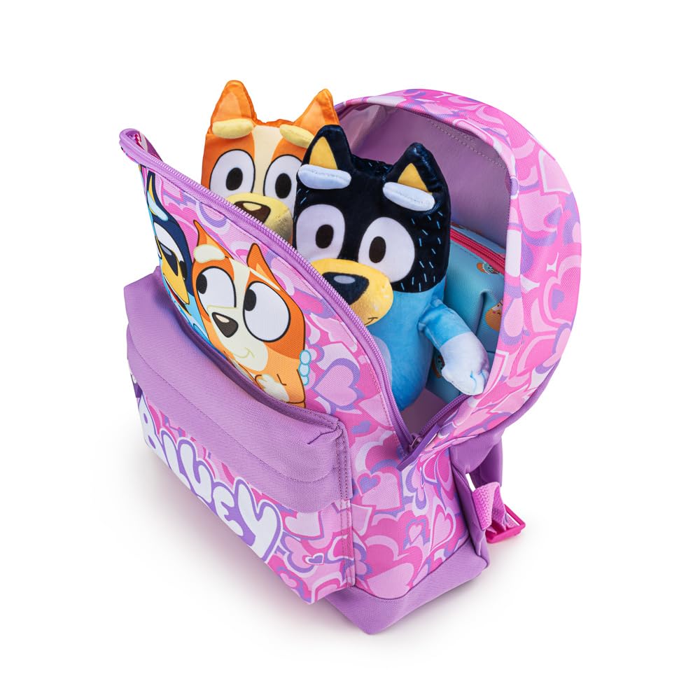 Bluey girls backpack with lilac color, heart print, kangaroo pocket, padded straps, suitable for toddlers aged 2-7 years.