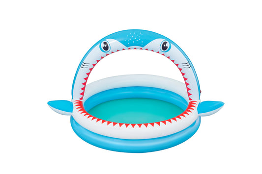 Bestway Shark Kids Inflatable Sprinkler Play Pool, 1.63m x 1.27m, featuring a cheerful shark design and water sprayers.