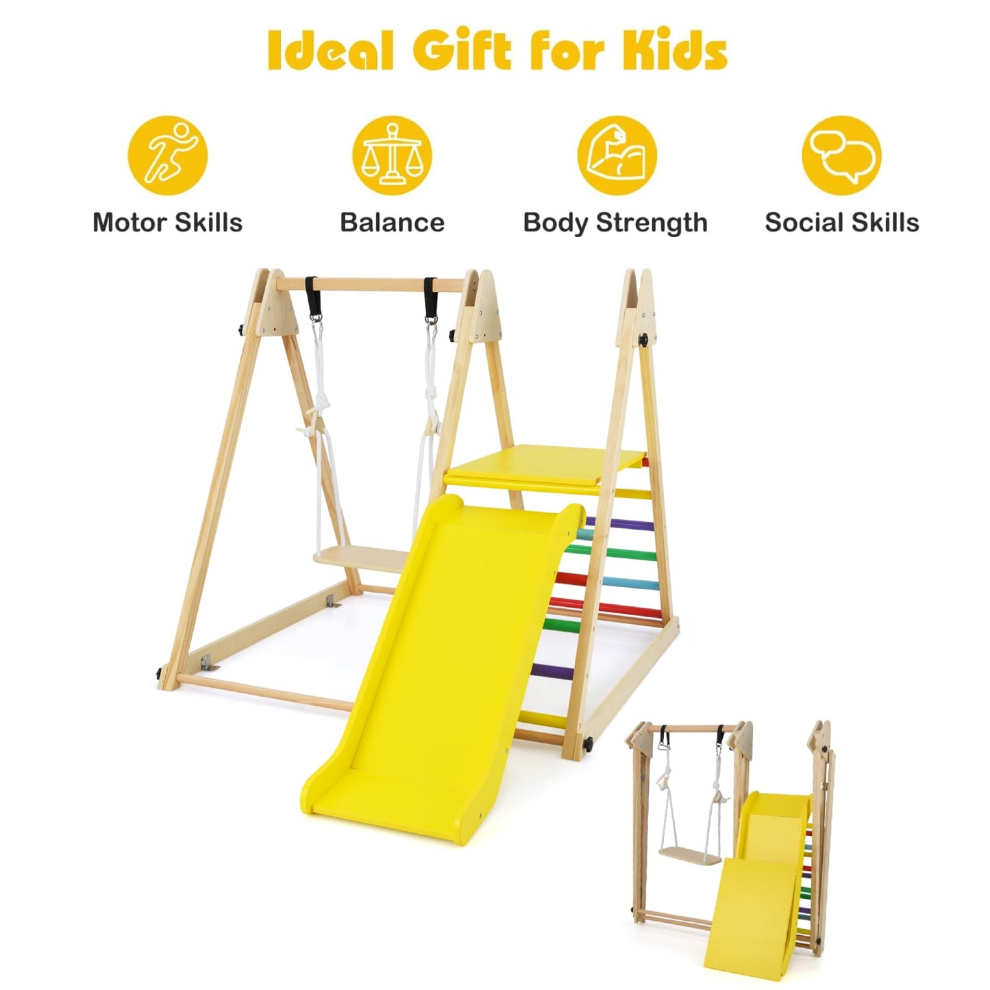 Maxmass 3-in-1 Kids Climbing Frame, Wooden Children Climber Playset with Swing, Slide and Ladder, Garden Toddler Jungle Gym Playground for Indoor Outdoor (Multicolor)