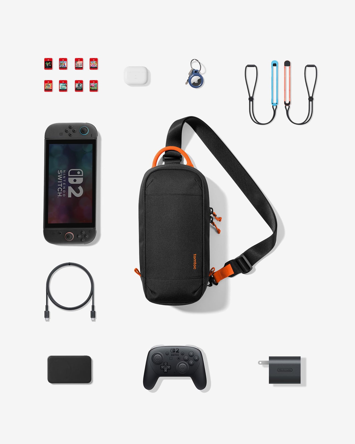 tomtoc black sling crossbody bag for Nintendo Switch 2, portable travel case with game cartridge slots and accessory pocket