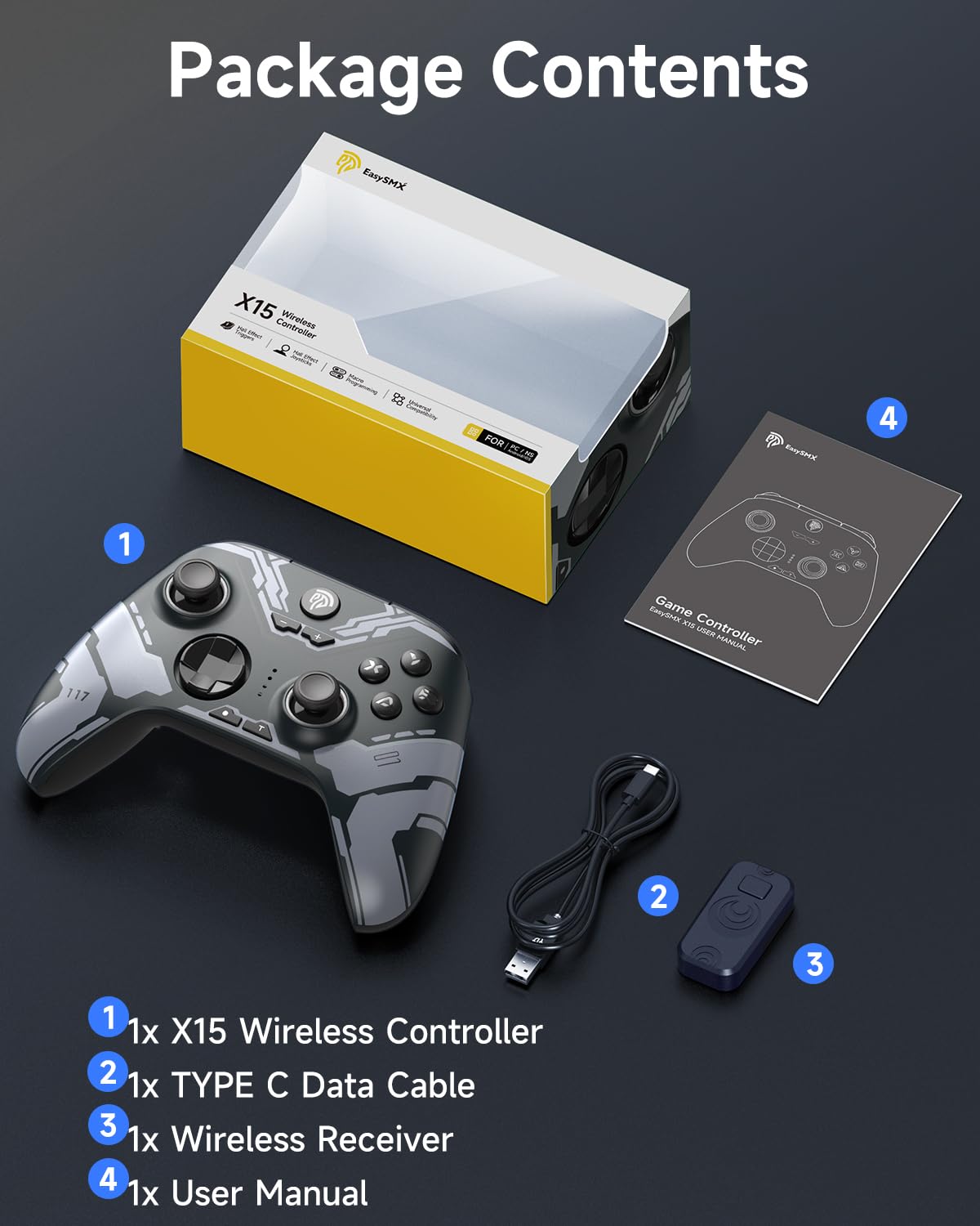 EasySMX X15 wireless PC game controller with hall triggers and joysticks, compatible with Windows, Android, Steam, and Switch.
