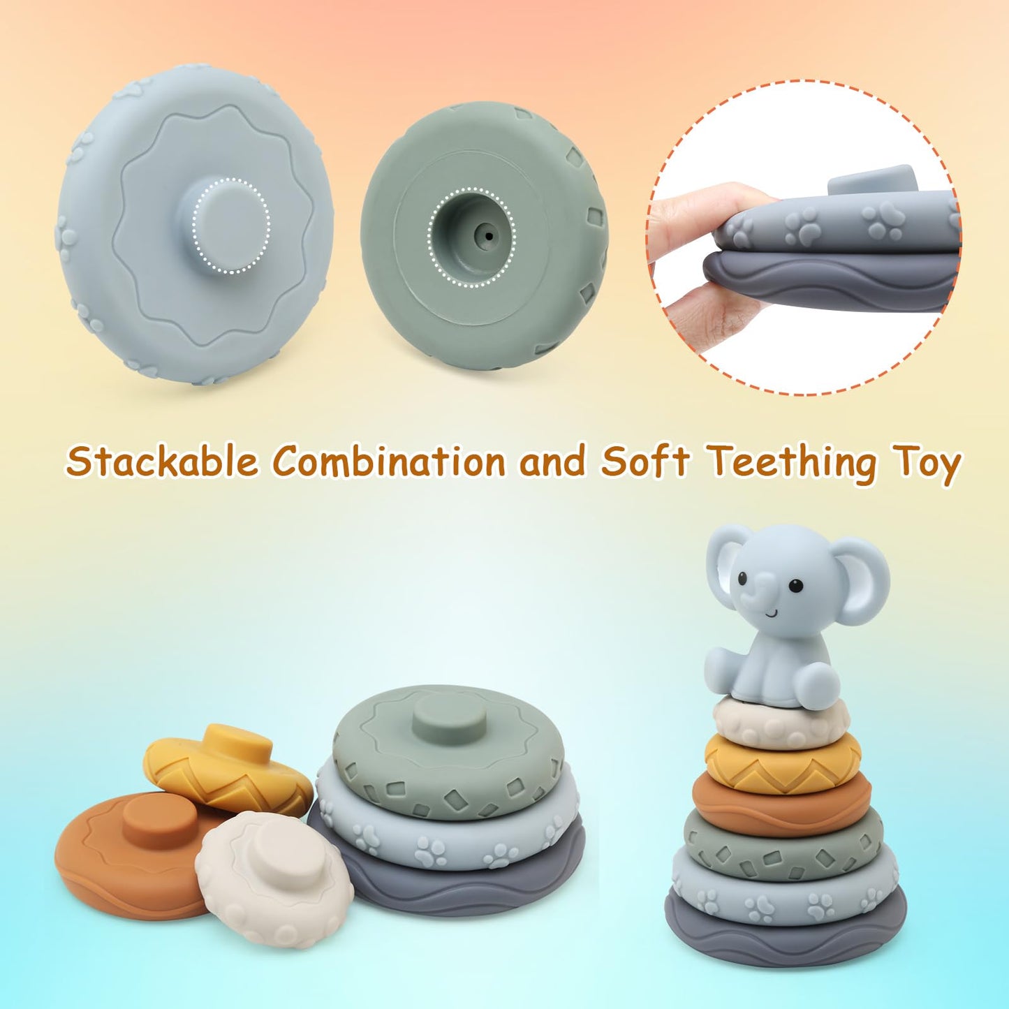 LEADSTAR Stacking Baby Toys Silicone, Elephant Silicone Soft Stack Rings, Teether for Baby, Early Development & Activity Sensory Toys for Babies, Toddlers & Infant, Gifts for Girls-7 PCS Teething Set