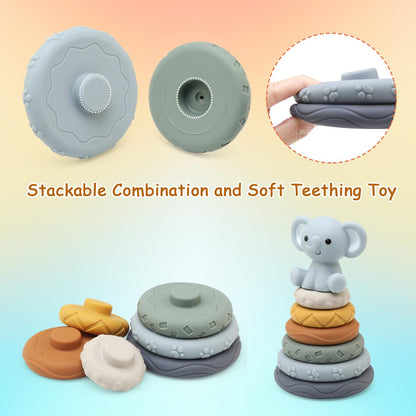 LEADSTAR Stacking Baby Toys Silicone, Elephant Silicone Soft Stack Rings, Teether for Baby, Early Development & Activity Sensory Toys for Babies, Toddlers & Infant, Gifts for Girls-7 PCS Teething Set
