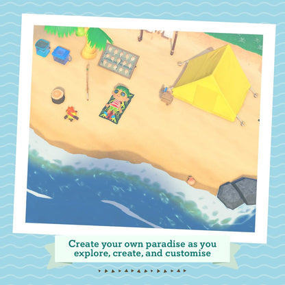 Nintendo Animal Crossing: New Horizons game for Nintendo Switch showing colorful island scene with characters and buildings.