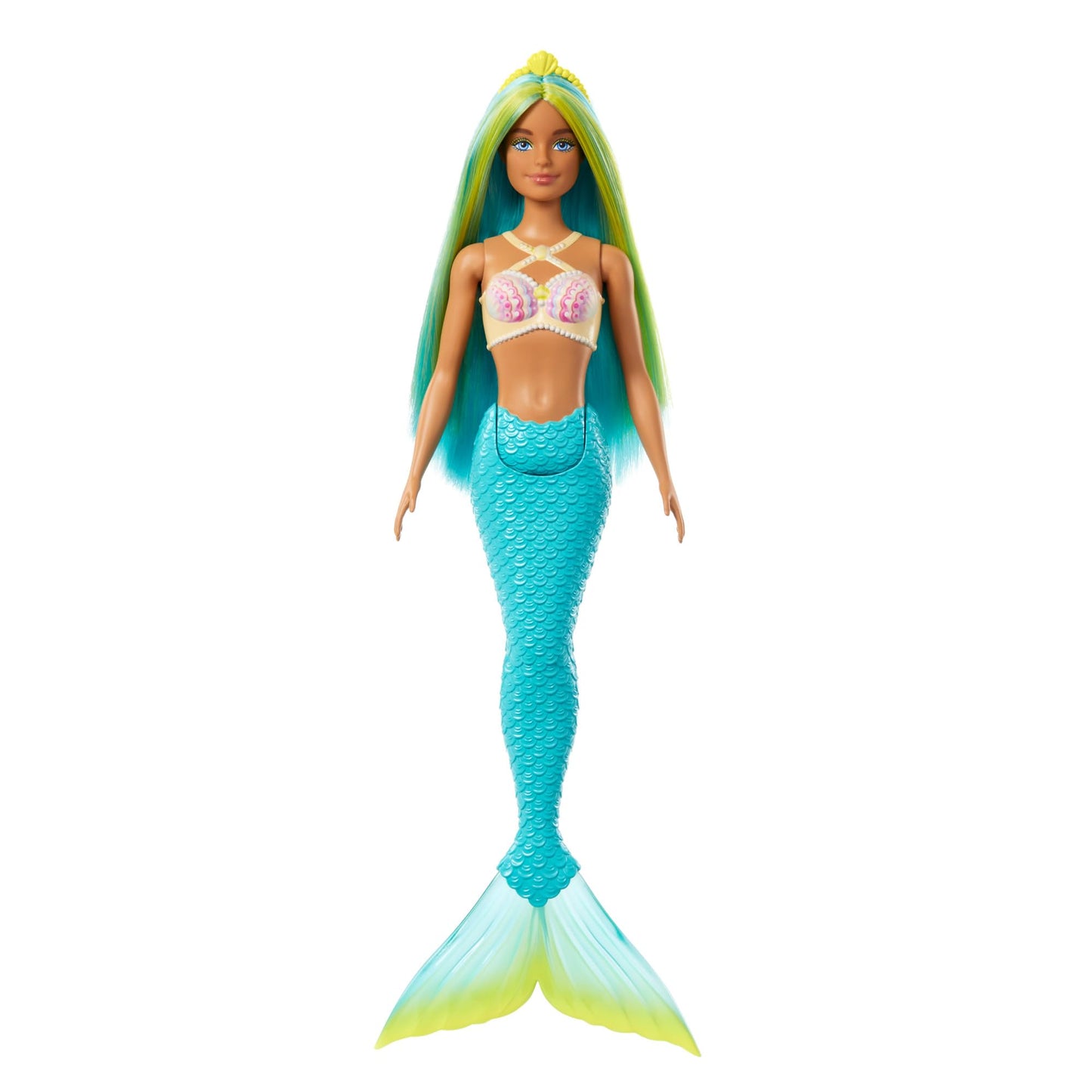 Barbie mermaid doll with two-tone blue and yellow hair, shell bodice, and turquoise tail, wearing a colorful headband.