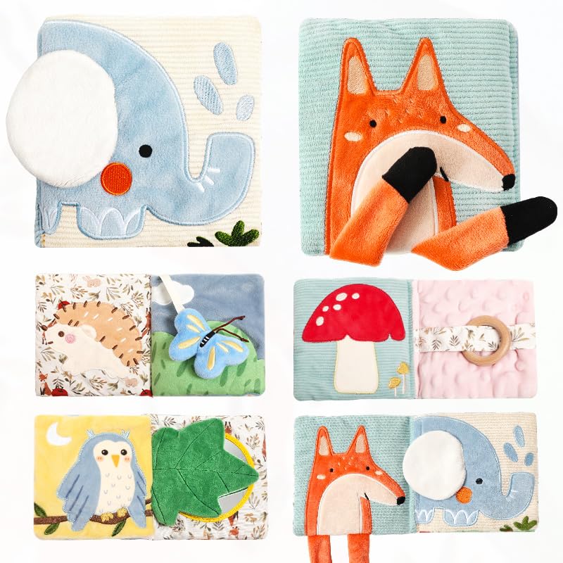 WOODEN TEETHER Baby Soft Books 0-6 Months, Touch and Feel Crinkle Cloth Activity Books - Sensory Books Toy with Mirror for Newborns 0 3 6 12 Months, Car Seat Gifts for Infants Girls Boys