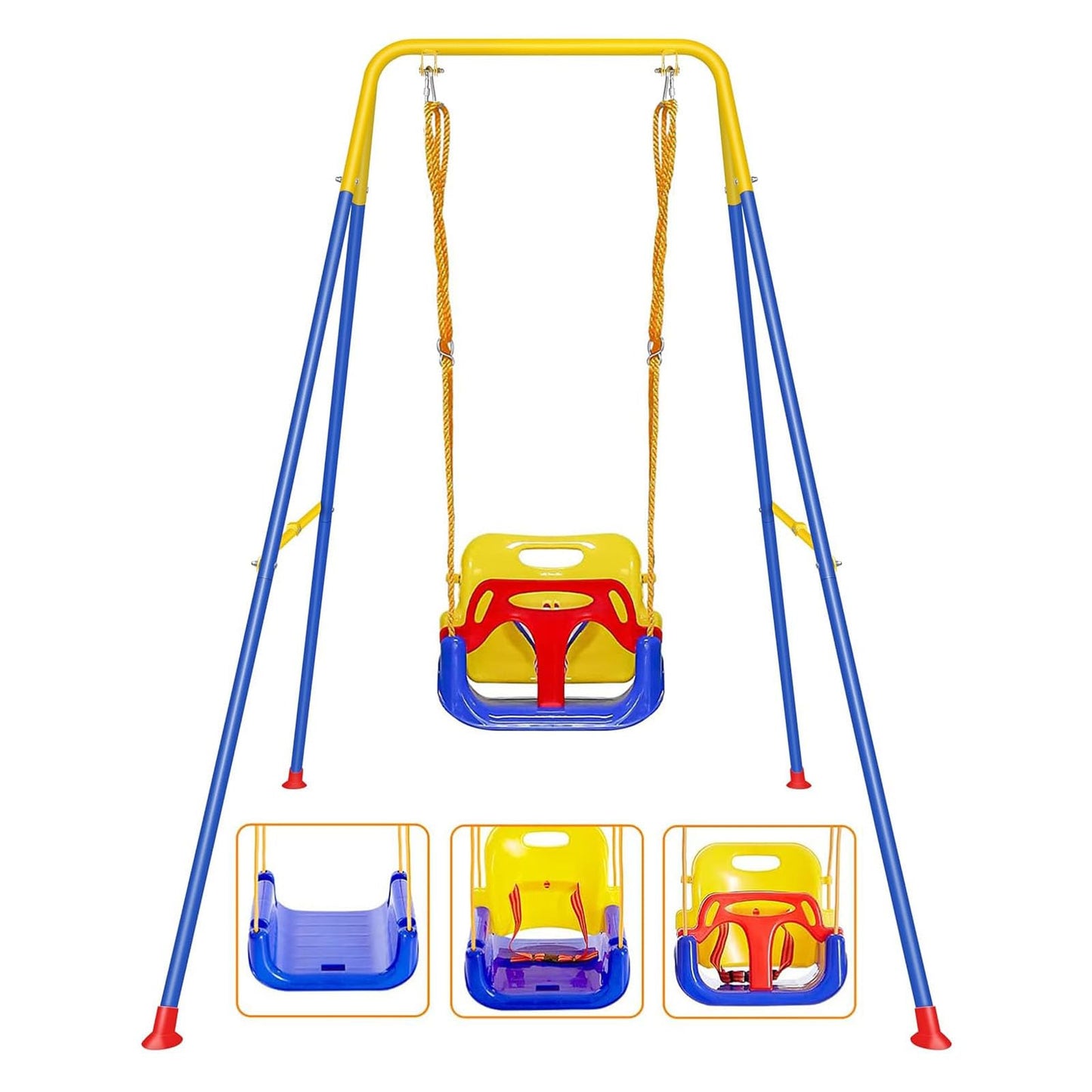 FCOUMY 3-in-1 toddler swing set with baby seat, suitable for garden or indoor use, featuring a sturdy, foldable design for kids.