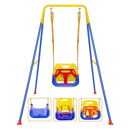 FCOUMY 3-in-1 toddler swing set with baby seat, suitable for garden or indoor use, featuring a sturdy, foldable design for kids.
