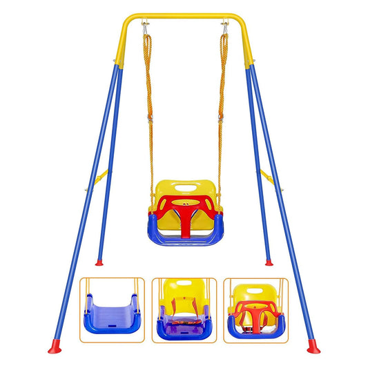 FCOUMY 3-in-1 toddler swing set with baby seat, suitable for garden or indoor use, featuring a sturdy, foldable design for kids.