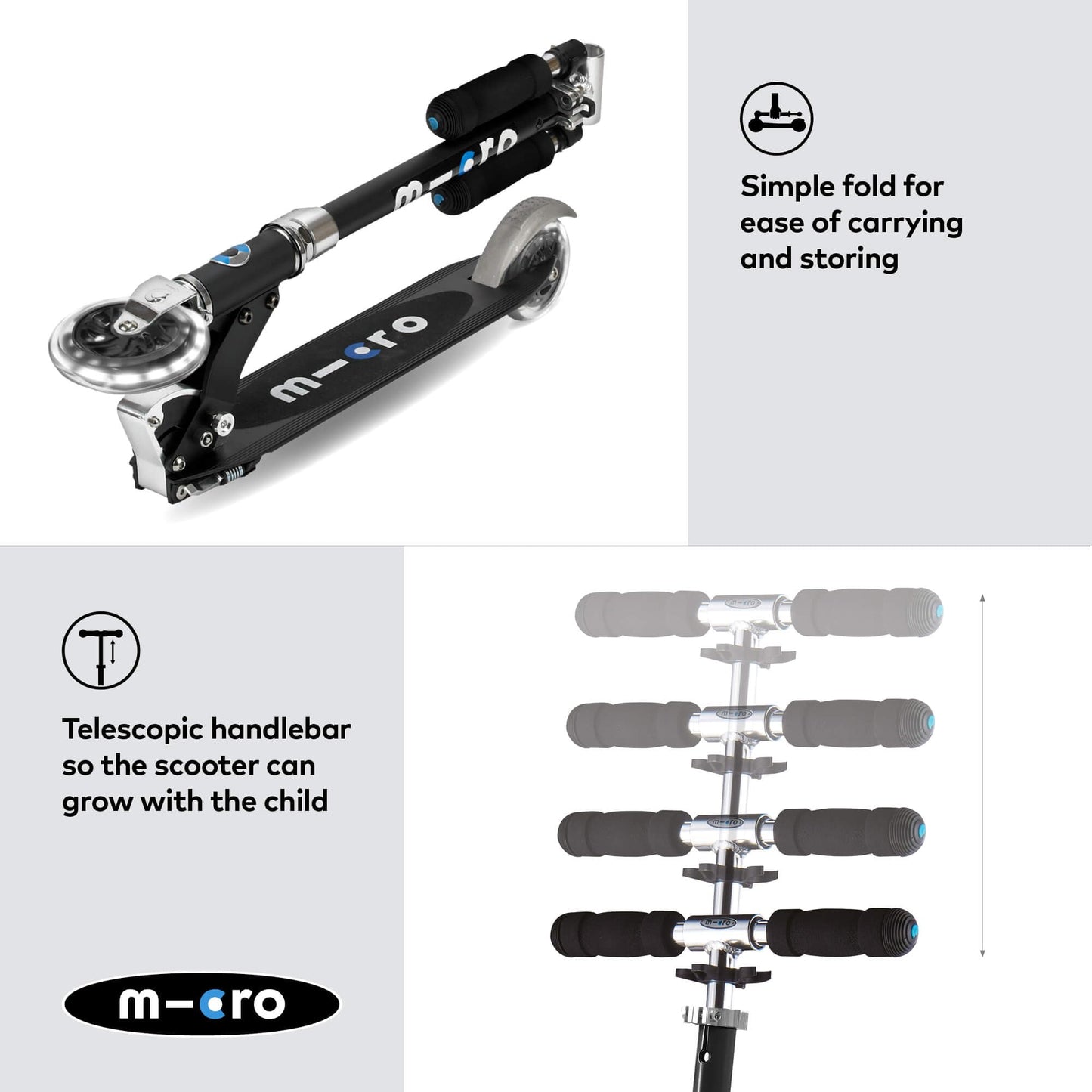 Micro Scooters | Micro Sprite Classic LED Children's Scooter | Handlebar Adjustable | Light Up Wheels | Foldable | Kickstand | 5 to Teen | Boys & Girls | Black