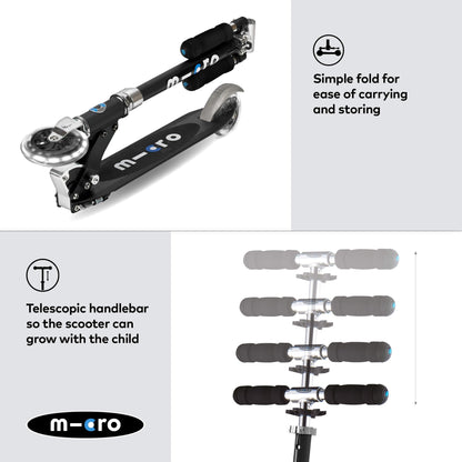 Micro Scooters | Micro Sprite Classic LED Children's Scooter | Handlebar Adjustable | Light Up Wheels | Foldable | Kickstand | 5 to Teen | Boys & Girls | Black