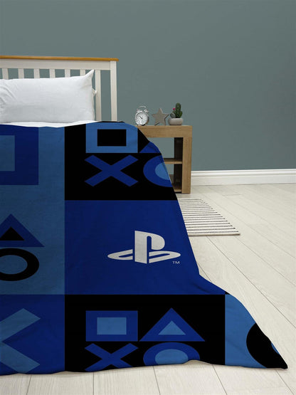 PlayStation fleece blanket with controller icon check design, super soft bed throw in 100x150cm for cozy bedroom decor.