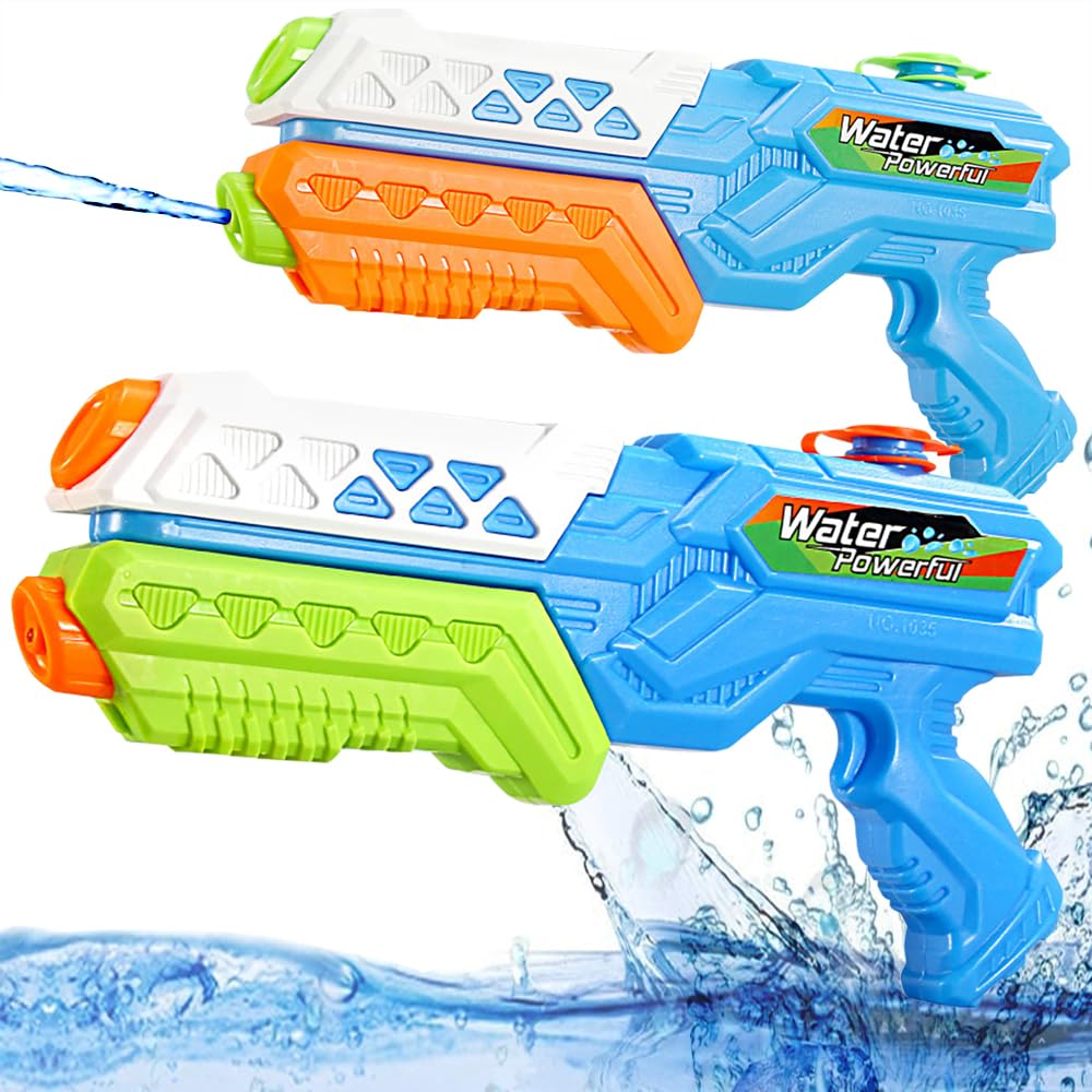Two blue Cakkone water guns with long-range spray, 600ml capacity, designed for kids and adults, ideal for pool and beach fun.