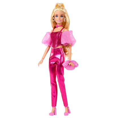 Barbie Deluxe Style Doll #5 in Metallic Pink Outfit, Blonde Hair, Sparkly Corset Top and Shiny Pants with Accessories like Rose Necklace and Handbag, JFP40