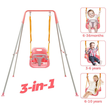 FUNLIO Children's Swing with Folding Metal Stand for Indoor and Outdoor Use, Baby Swing with 4 Sandbags, Easy to Assemble, Pink