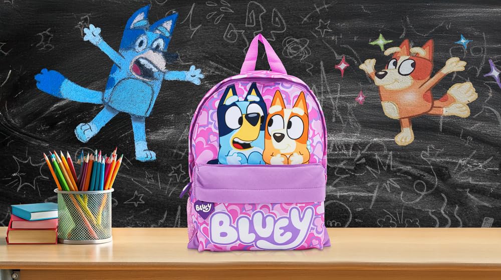 Bluey girls' lilac toddler backpack with heart print, kangaroo pocket, padded straps, ideal for kids aged 2-7.