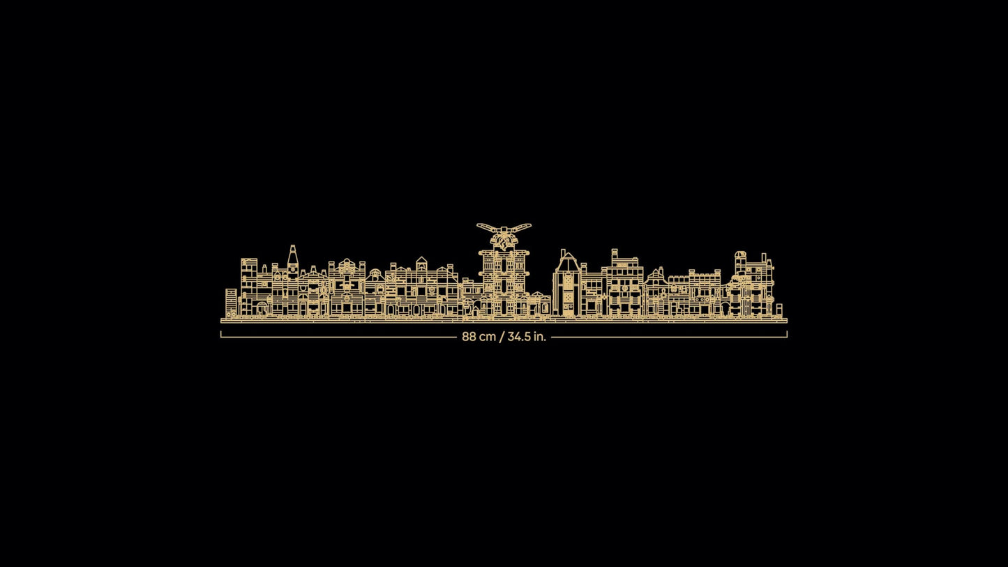 LEGO Harry Potter Diagon Alley set showcasing microscale shops and 12 microfigures in a detailed collectible display.