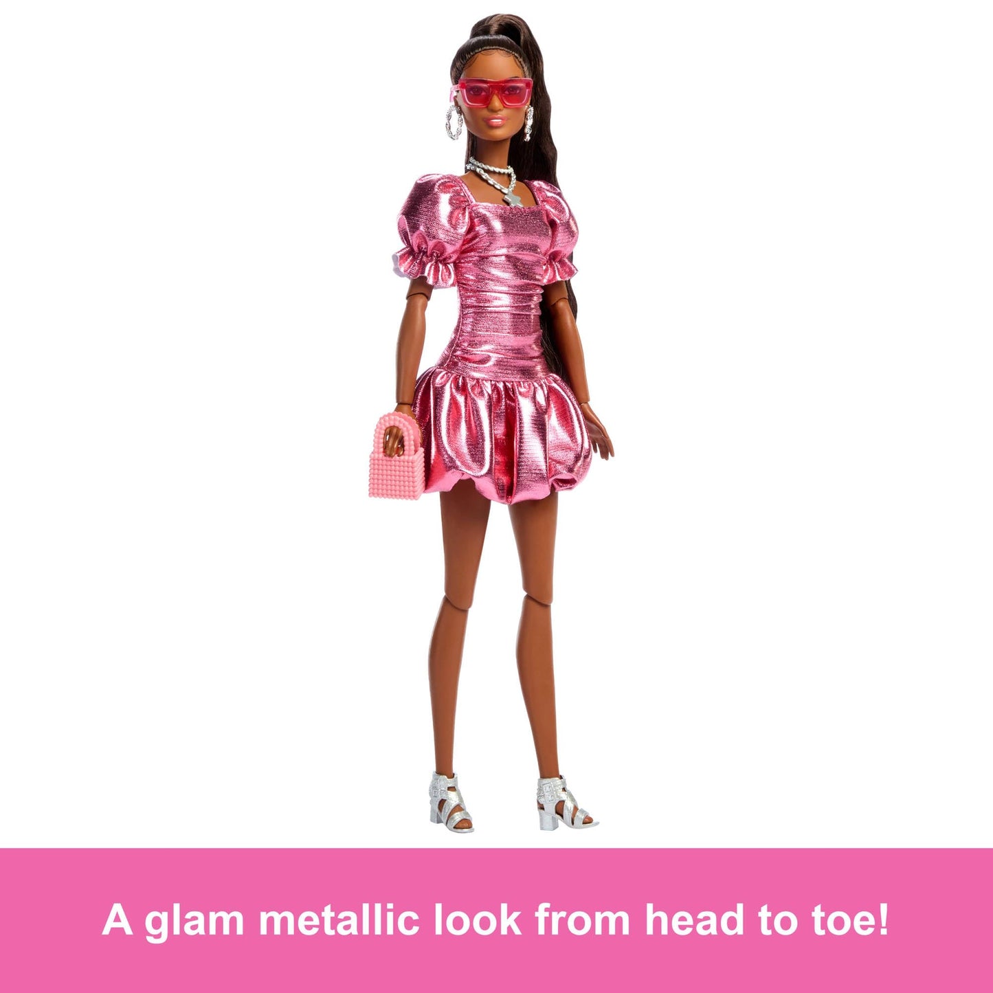 Barbie Deluxe Style Doll #6 in Metallic Coral Pink Dress with Bubble Hem, Black Hair in Ponytail, Accessories like Sunglasses, Jewelry and Handbag, JFP41