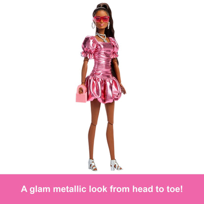 Barbie Deluxe Style Doll #6 in Metallic Coral Pink Dress with Bubble Hem, Black Hair in Ponytail, Accessories like Sunglasses, Jewelry and Handbag, JFP41