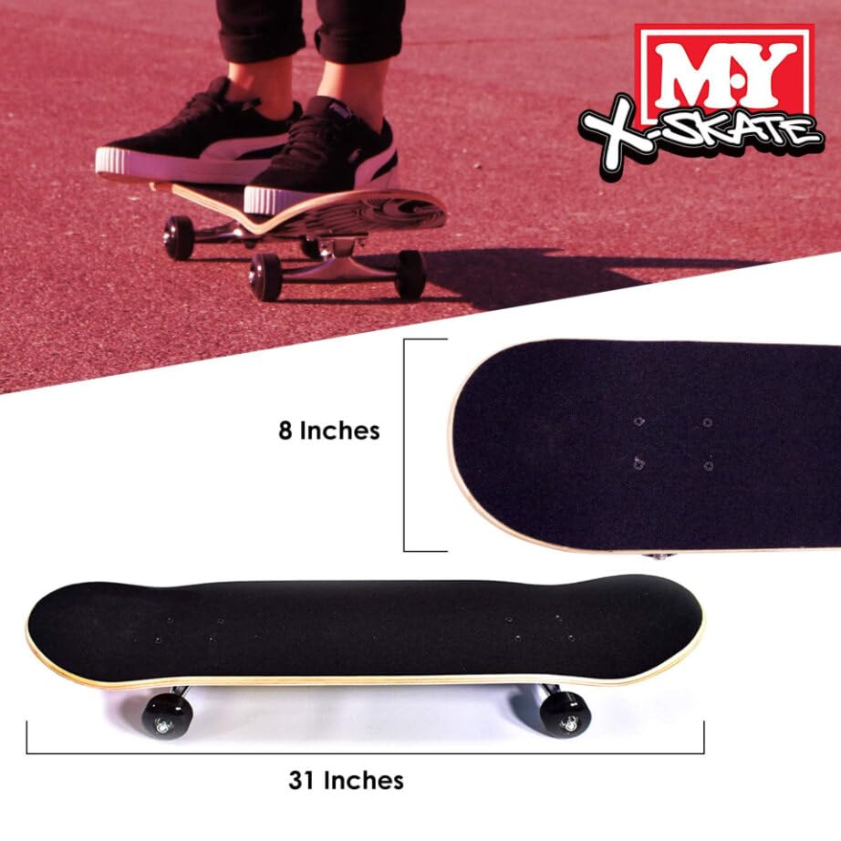 M.Y X-Skate 'Graffiti' Complete Skateboard 31" Double Kick Beginner Skateboard for Kids Teenagers & Adults 7 Ply Birch Deck ABEC 7 Bearings for tricks and skateparks