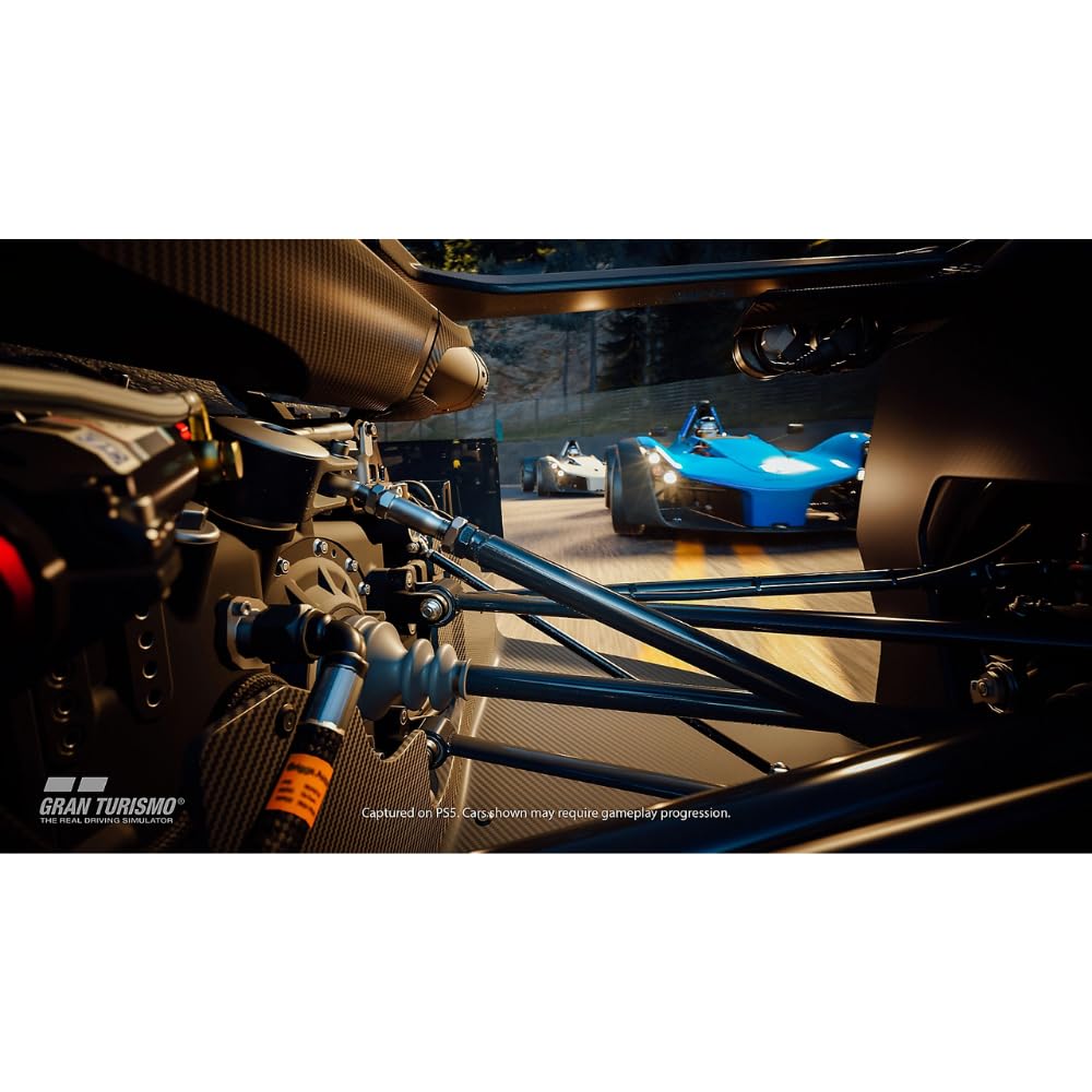 PlayStation 5 game disc for Gran Turismo 7 by Sony, featuring cover art with racing cars and dynamic racing scene.